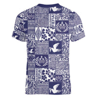 Blue Tonga Kilisimasi Fiefia Women V-Neck T-Shirt Pacific Patchwork Xmas Vibes LT9 - Polynesian Pride
