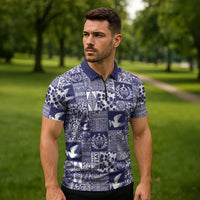 Blue Tonga Kilisimasi Fiefia Zipper Polo Shirt Pacific Patchwork Xmas Vibes LT9 - Polynesian Pride