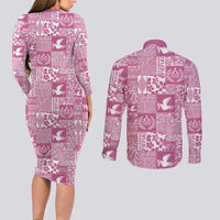 Pink Tonga Kilisimasi Fiefia Couples Matching Long Sleeve Bodycon Dress and Long Sleeve Button Shirt Pacific Patchwork Xmas Vibes - Polynesian Pride