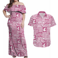 Pink Tonga Kilisimasi Fiefia Couples Matching Off Shoulder Maxi Dress and Hawaiian Shirt Pacific Patchwork Xmas Vibes LT9 Pink - Polynesian Pride
