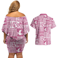 Pink Tonga Kilisimasi Fiefia Couples Matching Off Shoulder Short Dress and Hawaiian Shirt Pacific Patchwork Xmas Vibes - Polynesian Pride