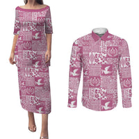 Pink Tonga Kilisimasi Fiefia Couples Matching Puletasi and Long Sleeve Button Shirt Pacific Patchwork Xmas Vibes LT9 Pink - Polynesian Pride