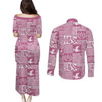 Pink Tonga Kilisimasi Fiefia Couples Matching Puletasi and Long Sleeve Button Shirt Pacific Patchwork Xmas Vibes LT9 - Polynesian Pride