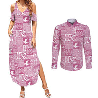 Pink Tonga Kilisimasi Fiefia Couples Matching Summer Maxi Dress and Long Sleeve Button Shirt Pacific Patchwork Xmas Vibes LT9 Pink - Polynesian Pride