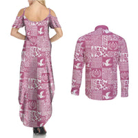 Pink Tonga Kilisimasi Fiefia Couples Matching Summer Maxi Dress and Long Sleeve Button Shirt Pacific Patchwork Xmas Vibes LT9 - Polynesian Pride