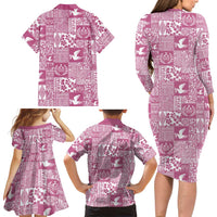 Pink Tonga Kilisimasi Fiefia Family Matching Long Sleeve Bodycon Dress and Hawaiian Shirt Pacific Patchwork Xmas Vibes - Polynesian Pride