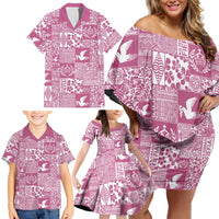 Pink Tonga Kilisimasi Fiefia Family Matching Off Shoulder Short Dress and Hawaiian Shirt Pacific Patchwork Xmas Vibes - Polynesian Pride