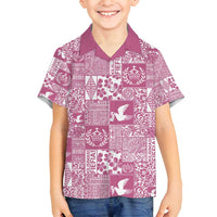 Pink Tonga Kilisimasi Fiefia Family Matching Off Shoulder Short Dress and Hawaiian Shirt Pacific Patchwork Xmas Vibes - Polynesian Pride