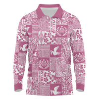 Pink Tonga Kilisimasi Fiefia Long Sleeve Polo Shirt Pacific Patchwork Xmas Vibes - Polynesian Pride