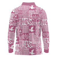 Pink Tonga Kilisimasi Fiefia Long Sleeve Polo Shirt Pacific Patchwork Xmas Vibes - Polynesian Pride