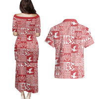 Red Tonga Kilisimasi Fiefia Couples Matching Puletasi and Hawaiian Shirt Pacific Patchwork Xmas Vibes LT9 - Polynesian Pride