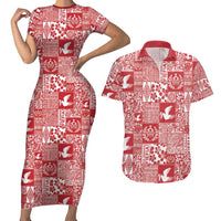 Red Tonga Kilisimasi Fiefia Couples Matching Short Sleeve Bodycon Dress and Hawaiian Shirt Pacific Patchwork Xmas Vibes LT9 Red - Polynesian Pride