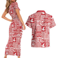 Red Tonga Kilisimasi Fiefia Couples Matching Short Sleeve Bodycon Dress and Hawaiian Shirt Pacific Patchwork Xmas Vibes - Polynesian Pride