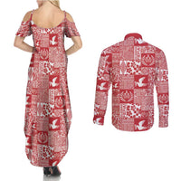 Red Tonga Kilisimasi Fiefia Couples Matching Summer Maxi Dress and Long Sleeve Button Shirt Pacific Patchwork Xmas Vibes LT9 - Polynesian Pride