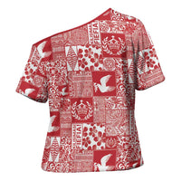 Red Tonga Kilisimasi Fiefia Cross Shoulder Shirt Pacific Patchwork Xmas Vibes LT9 - Polynesian Pride