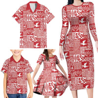 Red Tonga Kilisimasi Fiefia Family Matching Long Sleeve Bodycon Dress and Hawaiian Shirt Pacific Patchwork Xmas Vibes - Polynesian Pride