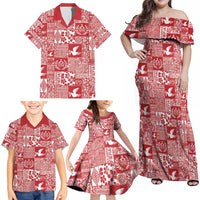 Red Tonga Kilisimasi Fiefia Family Matching Off Shoulder Maxi Dress and Hawaiian Shirt Pacific Patchwork Xmas Vibes - Polynesian Pride