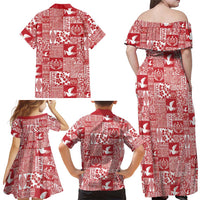 Red Tonga Kilisimasi Fiefia Family Matching Off Shoulder Maxi Dress and Hawaiian Shirt Pacific Patchwork Xmas Vibes - Polynesian Pride