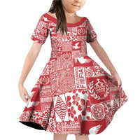 Red Tonga Kilisimasi Fiefia Family Matching Off Shoulder Short Dress and Hawaiian Shirt Pacific Patchwork Xmas Vibes - Polynesian Pride