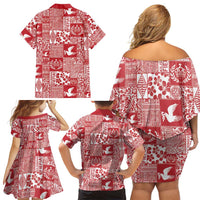 Red Tonga Kilisimasi Fiefia Family Matching Off Shoulder Short Dress and Hawaiian Shirt Pacific Patchwork Xmas Vibes - Polynesian Pride