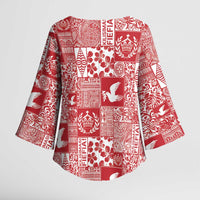 Red Tonga Kilisimasi Fiefia Kimono Sleeve Blouse Pacific Patchwork Xmas Vibes - Polynesian Pride