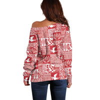 Red Tonga Kilisimasi Fiefia Off Shoulder Sweater Pacific Patchwork Xmas Vibes - Polynesian Pride