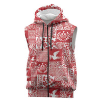Red Tonga Kilisimasi Fiefia Sleeveless Zip Hoodie Pacific Patchwork Xmas Vibes LT9 Red - Polynesian Pride