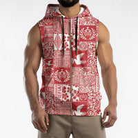 Red Tonga Kilisimasi Fiefia Sleeveless Zip Hoodie Pacific Patchwork Xmas Vibes - Polynesian Pride