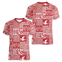 Red Tonga Kilisimasi Fiefia Women V-Neck T-Shirt Pacific Patchwork Xmas Vibes LT9 - Polynesian Pride