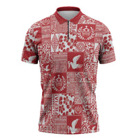Red Tonga Kilisimasi Fiefia Zipper Polo Shirt Pacific Patchwork Xmas Vibes LT9 Red - Polynesian Pride