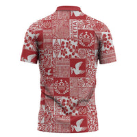 Red Tonga Kilisimasi Fiefia Zipper Polo Shirt Pacific Patchwork Xmas Vibes LT9 - Polynesian Pride