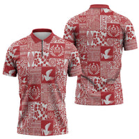 Red Tonga Kilisimasi Fiefia Zipper Polo Shirt Pacific Patchwork Xmas Vibes LT9 - Polynesian Pride