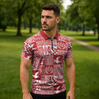 Red Tonga Kilisimasi Fiefia Zipper Polo Shirt Pacific Patchwork Xmas Vibes LT9 - Polynesian Pride