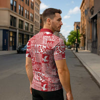 Red Tonga Kilisimasi Fiefia Zipper Polo Shirt Pacific Patchwork Xmas Vibes LT9 - Polynesian Pride