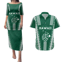 Polynesian Hawaii Volleyball Custom Couples Matching Puletasi and Hawaiian Shirt Green Kakau with Map Motif LT9 Green - Polynesian Pride