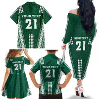 Polynesian Hawaii Volleyball Custom Family Matching Off The Shoulder Long Sleeve Dress and Hawaiian Shirt Green Kakau with Map Motif