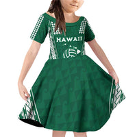 Polynesian Hawaii Volleyball Custom Family Matching Off Shoulder Short Dress and Hawaiian Shirt Green Kakau with Map Motif