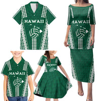 Polynesian Hawaii Volleyball Custom Family Matching Puletasi and Hawaiian Shirt Green Kakau with Map Motif