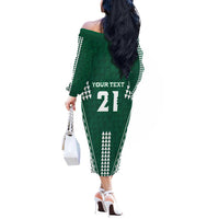 Polynesian Hawaii Volleyball Custom Off The Shoulder Long Sleeve Dress Green Kakau with Map Motif