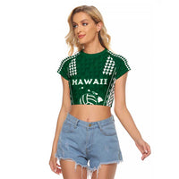 Polynesian Hawaii Volleyball Custom Raglan Cropped T Shirt Green Kakau with Map Motif LT9 Female Green - Polynesian Pride