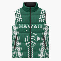 Polynesian Hawaii Volleyball Custom Sleeveless Puffer Jacket Green Kakau with Map Motif - Polynesian Pride