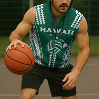 Polynesian Hawaii Volleyball Custom Sleeveless Zip Hoodie Green Kakau with Map Motif LT9 - Polynesian Pride