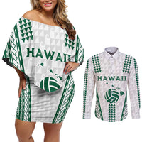 Polynesian Hawaii Volleyball Custom Couples Matching Off Shoulder Short Dress and Long Sleeve Button Shirt White Kakau with Map Motif LT9 White - Polynesian Pride