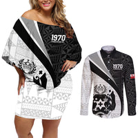 Personalised Tonga Emancipation Day Couples Matching Off Shoulder Short Dress and Long Sleeve Button Shirt Since 1970 Ngatu Tribal Pattern LT9 Black - Polynesian Pride