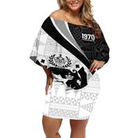 Personalised Tonga Emancipation Day Off Shoulder Short Dress Since 1970 Ngatu Tribal Pattern LT9 Women Black - Polynesian Pride