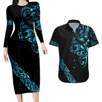 All Black Maori Tribal Tattoo Personalised Couples Matching Long Sleeve Bodycon Dress and Hawaiian Shirt Polynesian Style