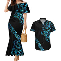 All Black Maori Tribal Tattoo Personalised Couples Matching Mermaid Dress and Hawaiian Shirt Polynesian Style