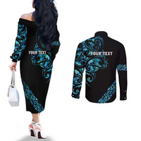 All Black Maori Tribal Tattoo Personalised Couples Matching Off The Shoulder Long Sleeve Dress and Long Sleeve Button Shirt Polynesian Style