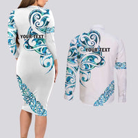All White Maori Tribal Tattoo Personalised Couples Matching Long Sleeve Bodycon Dress and Long Sleeve Button Shirt Polynesian Style