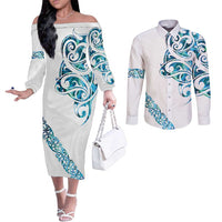 All White Maori Tribal Tattoo Personalised Couples Matching Off The Shoulder Long Sleeve Dress and Long Sleeve Button Shirt Polynesian Style